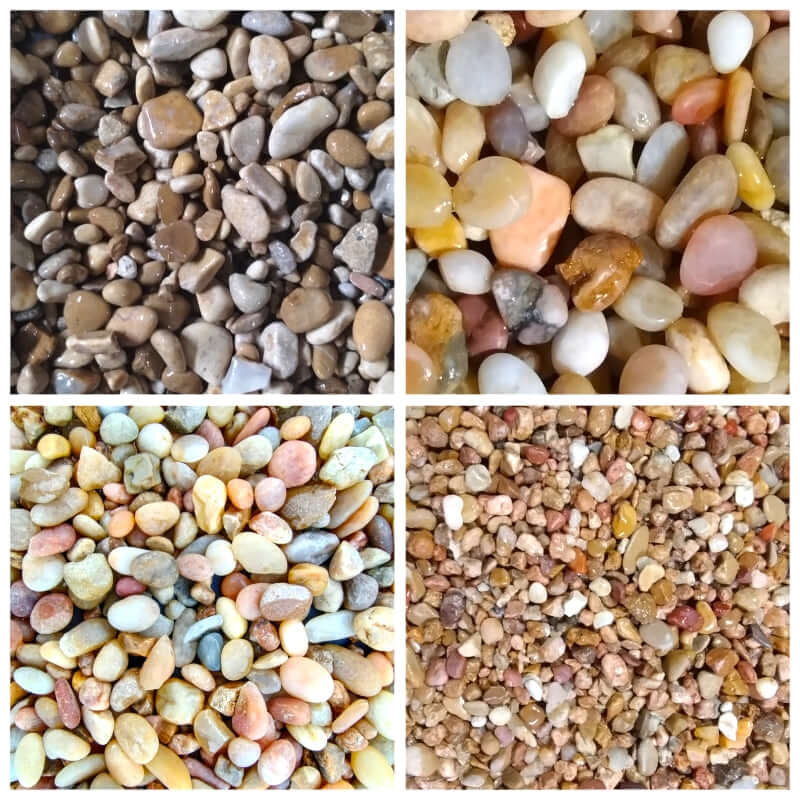 A display photo for four kinds of Aquarium Gravel in a collage.