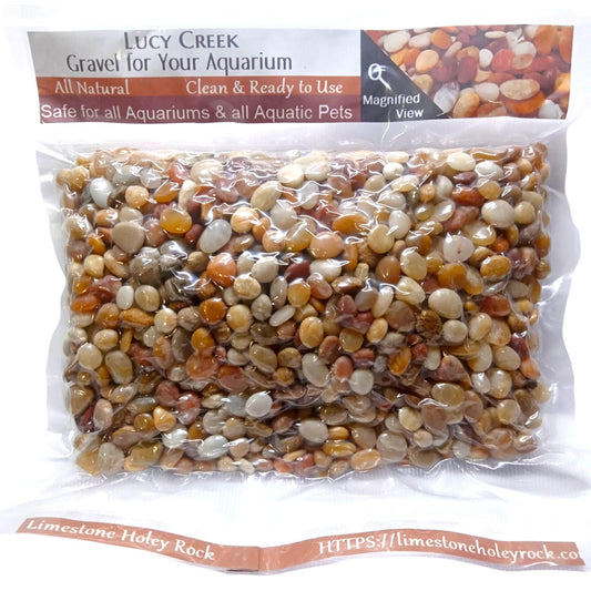 A bag of Lucy Creek Aquarium Gravel on display