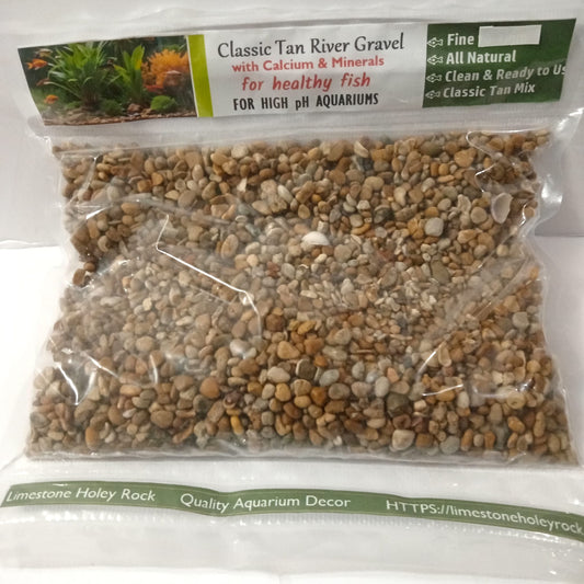 A bag of Classic Tan Aquarium Gravel on display